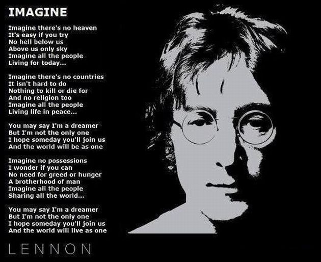 Photo of John Lennon alongside the lyrics to "Imagine"